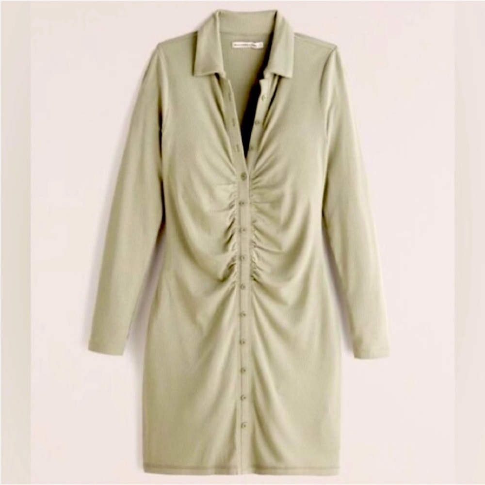 New Abercrombie Fitch ruched shirt dress Mini sage holiday Christmas bodycon S